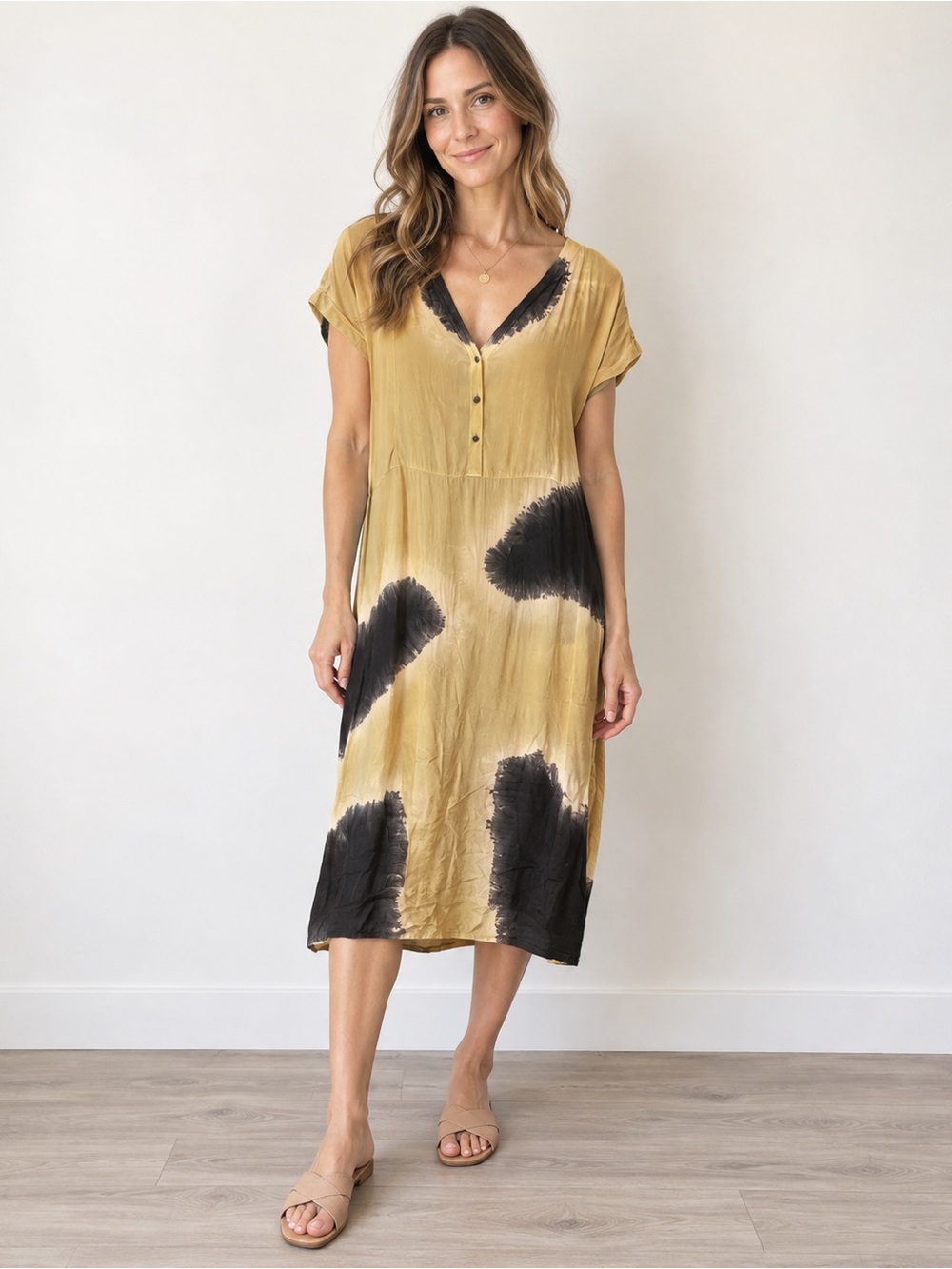 NU Denmark Hand Dyed Tie-Dye V-Neck Sustainable Boho Midi Dress Small